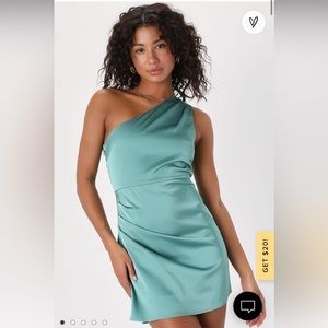 Lulu’s Love Me Tonight Sage Green Satin One-Shoulder Mini Dress